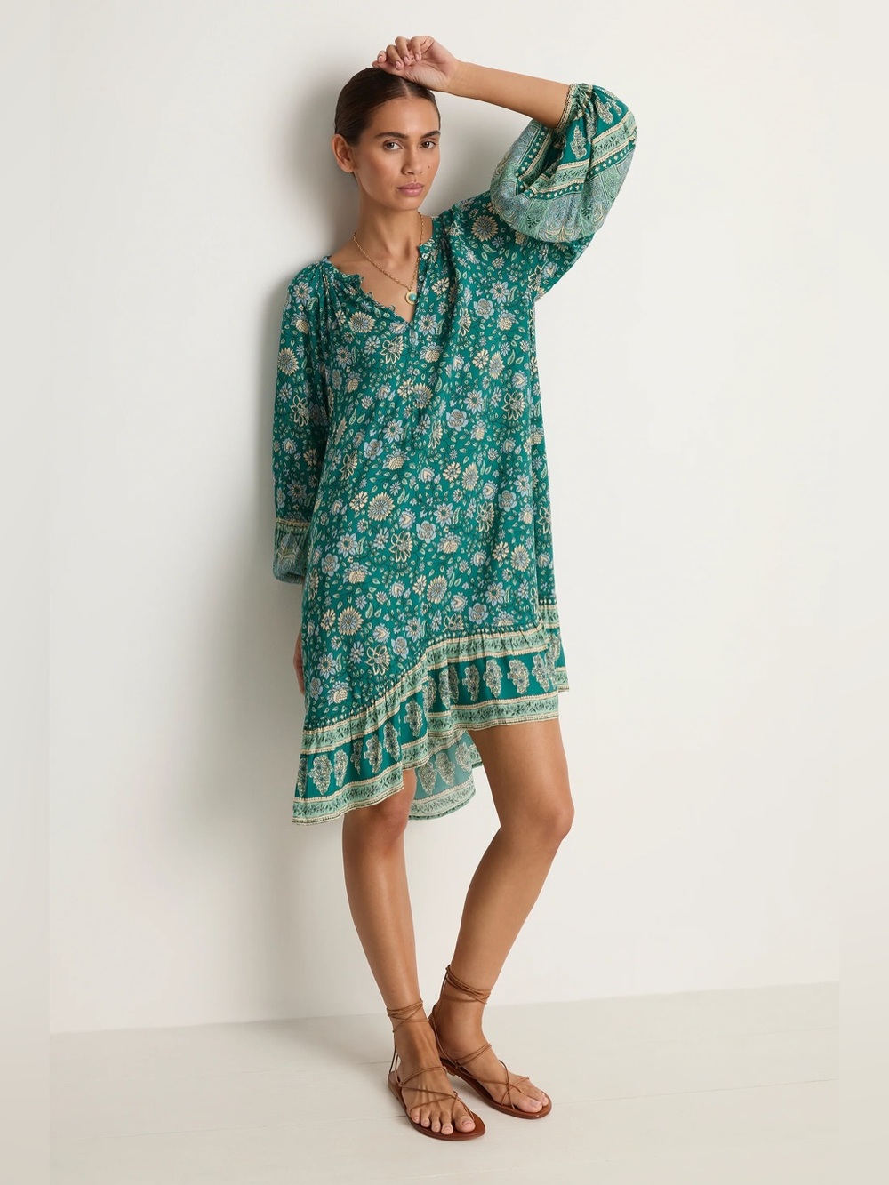 🆕 Spell Elysian Tunic Floral Mini Dress Ruffle Hem in Jade XS